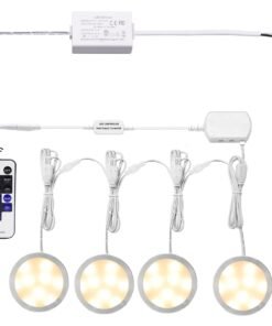 VortexEdge Linkable LED Under Cabinet Lights Hardwired 12V Slim Aluminum Dimmable Puck Lights with Remote Control for Cupboard Lighting (4 Lights, Daylight White, NO Wall Plug)