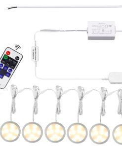 VortexEdge Linkable Under Cabinet LED Lighting Direct Wired 12V Slim Aluminum Dimmable Puck Lights with RF Remote Control for Kitchen Cabinets Counter, Closet Lights(6 Kit, Warm White, NO Wall Plug)