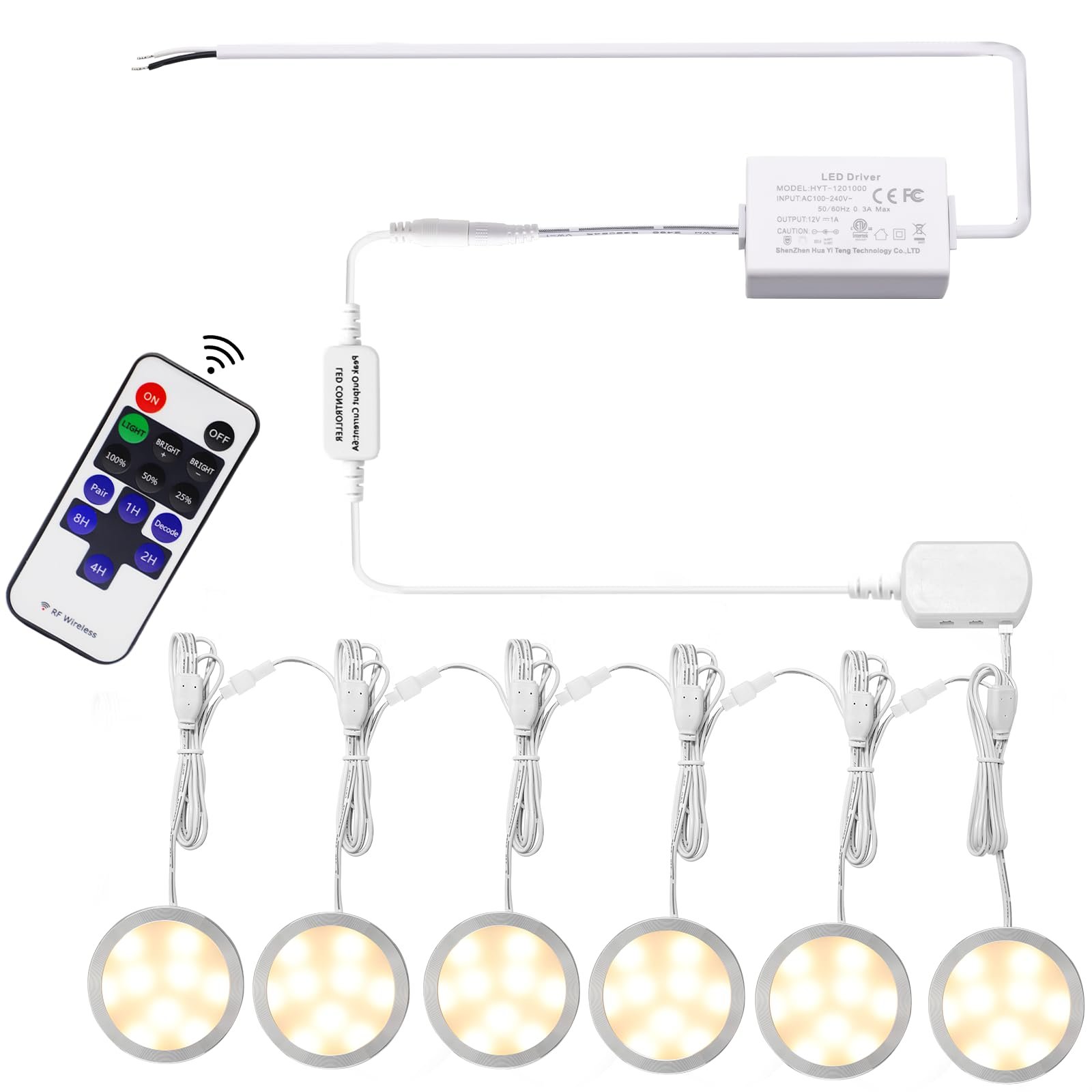 Version 1.0.0 VortexEdge Linkable Under Cabinet LED Lighting Direct Wired 12V Slim Aluminum Dimmable Puck Lights with RF Remote Control for Kitchen Cabinets Counter, Closet Lights(6 Kit, Warm White, NO Wall Plug)