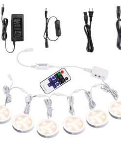 VortexEdge Linkable Under Cabinet LED Lighting 12V Dimmable Puck Lights with Wireless RF Remote Control, Hardwired & Wall Plug in for Counter Lighting(6 Lights, Warm White)