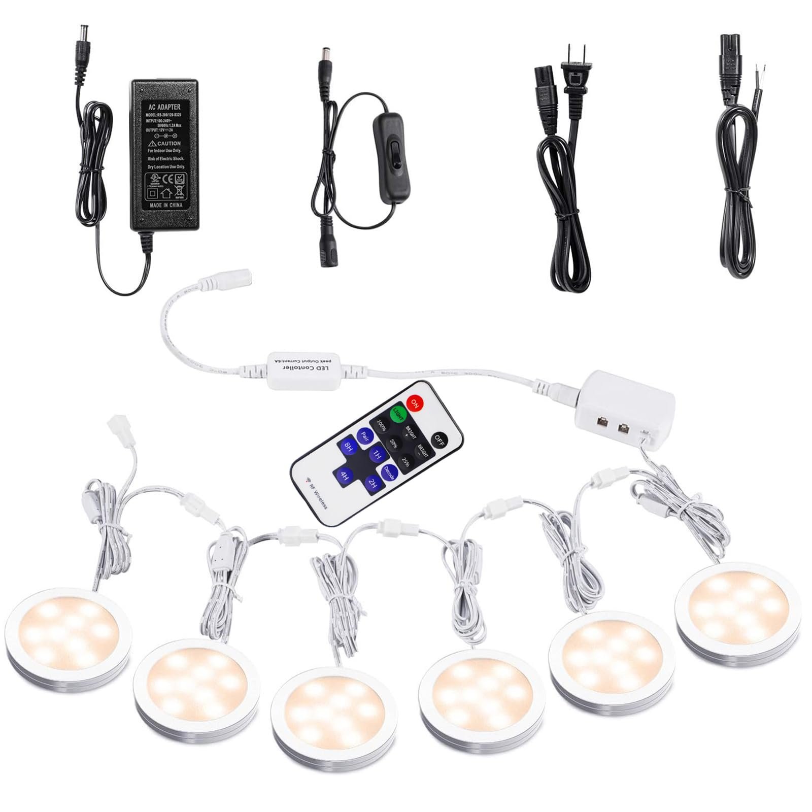 Version 1.0.0 VortexEdge Linkable Under Cabinet LED Lighting 12V Dimmable Puck Lights with Wireless RF Remote Control, Hardwired & Wall Plug in for Counter Lighting(6 Lights, Warm White)