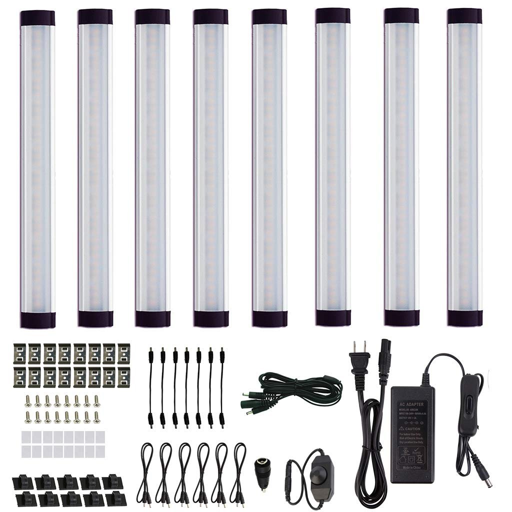 Version 1.0.0 VortexEdge LED Under Cabinet lighting Kit, Plug in Strip Lights with Dimmer Switch for Kitchen Cabinet Counter, Closet, bedroom lighting.(24w-8 bars kit-6000K)