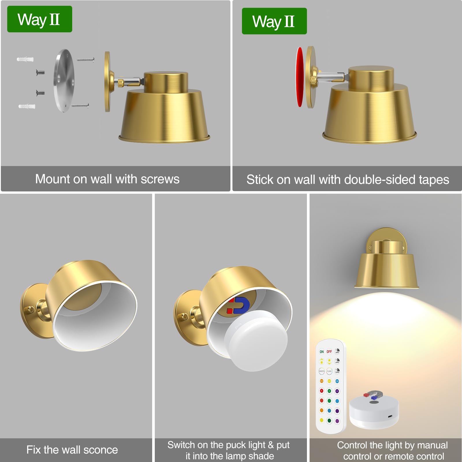 61Fg7hDlbpL VortexEdge Art Display Lights, Picture Lights Rechargeable Gold, Color Changing & Dimmable with Remote LED Rotatable Wall Lights for Pictures, Paintings, Portraits, Artworks (2 Pack) - Image 6