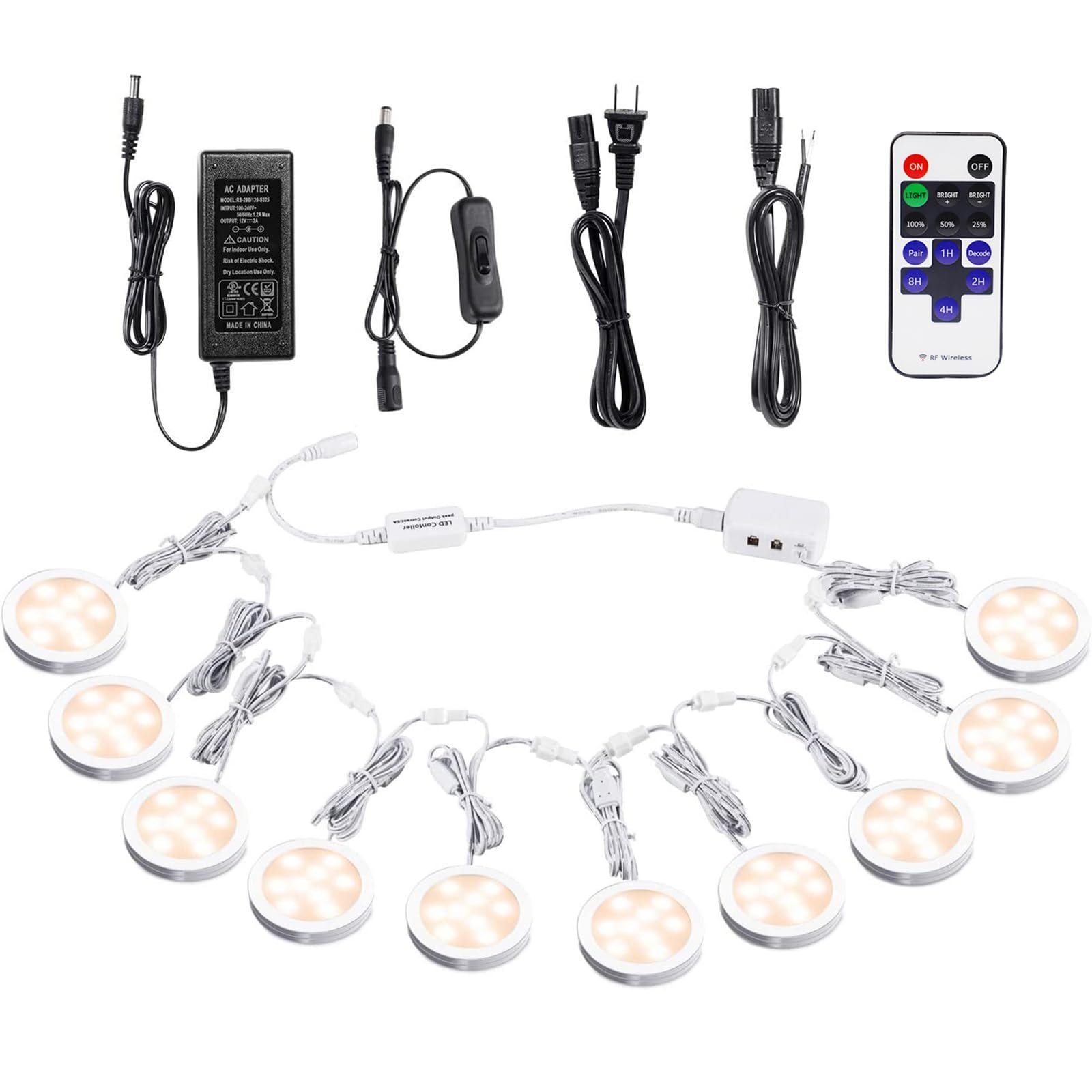 Version 1.0.0 VortexEdge Linkable Under Cabinet LED Lighting 12V Dimmable Puck Lights with Wireless RF Remote Control, Hardwired & Wall Plug in for Display Lighting(10 Lights, Daylight White) - Image 2