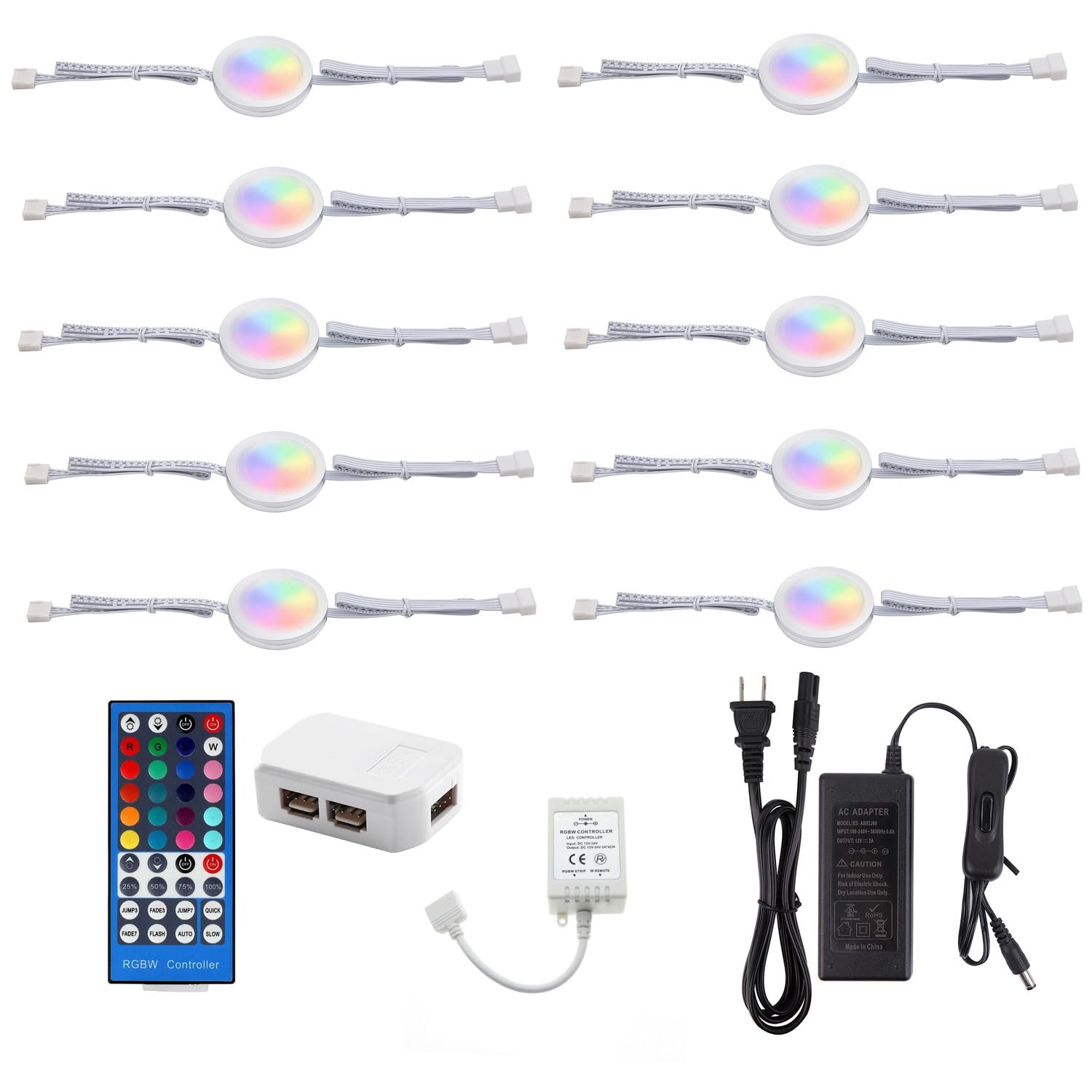 61Mi4R2bmlfL VortexEdge 24V Under Counter Led Lights, RGB+Warm White Under Cabinet Lighting Linkable,Color Changing Puck Lights Dimmable with Wireless 40-Key IR Remote Control (RGBWW, 10 Lights)