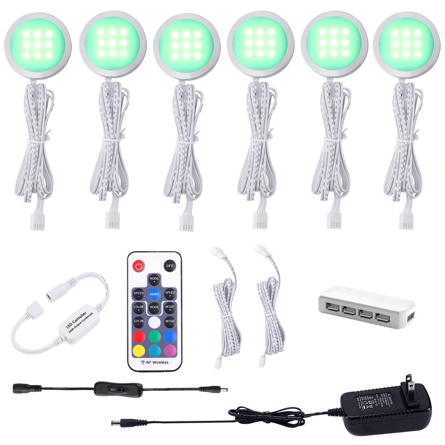 Version 1.0.0 VortexEdge RGB Color Changing LED Under Cabinet Lights Kit Aluminum Slim Puck Lamps for Kitchen Counter Wardrobe Counter Furniture Ambiance Christmas Decor Lighting (6 Lights)
