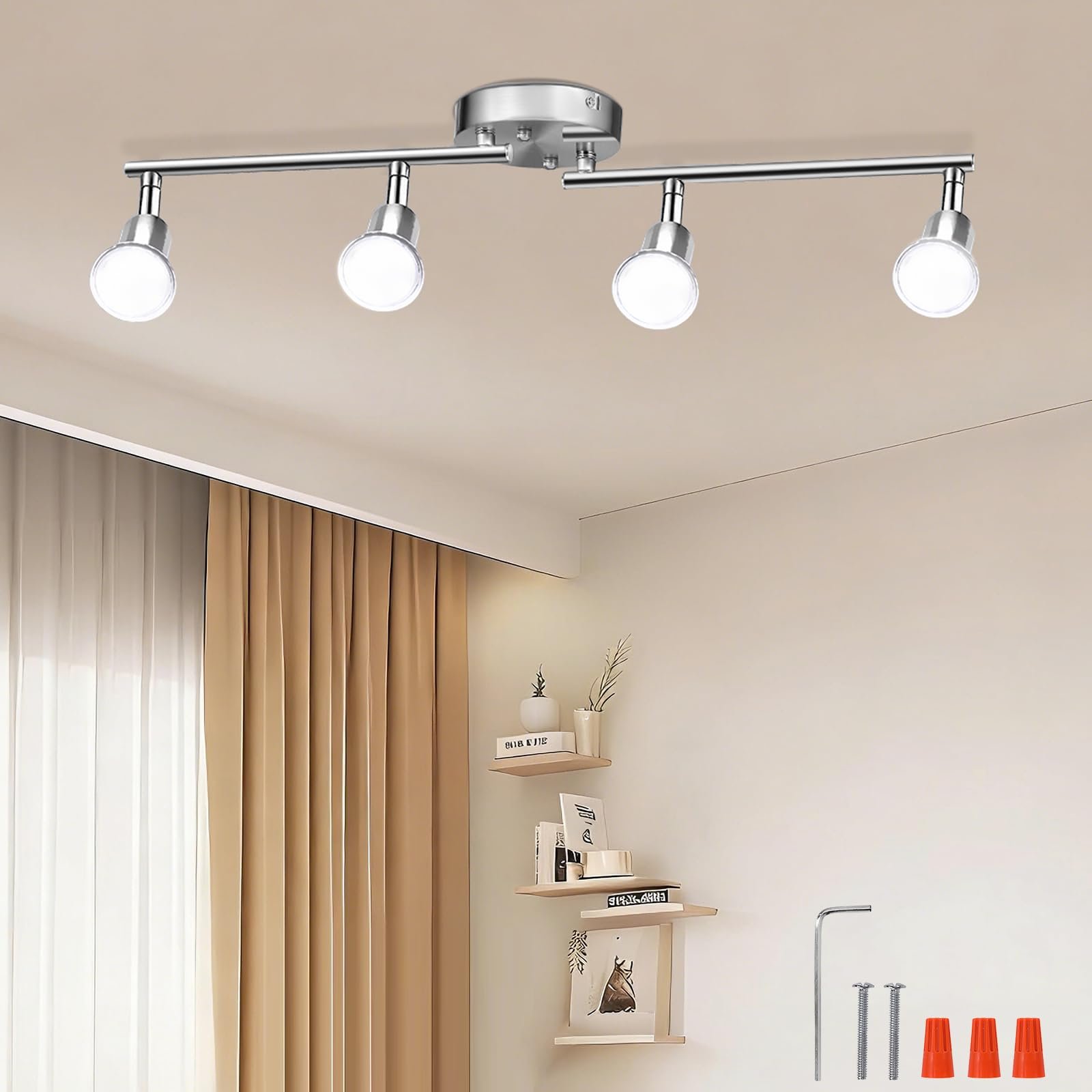 61iiD9iaGaL VortexEdge 4-Light Adjustable Dimmable Track Lighting Kit, Flexible Foldable Arms,Satin Nickel Kitchen,Hallyway Bed Room Lighting Fixture, GU10 Base Bulbs not Included