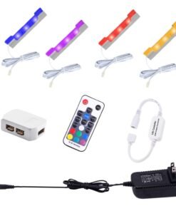 VortexEdge LED Under Cabinet Night Lights Kit for Glass Edge Shelf Back Side Lighting Using Flexible Cable and Clip with RF Remote(4 Lights,RGB)