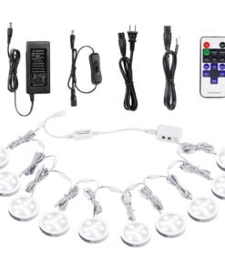 VortexEdge Linkable Under Cabinet LED Lighting 12V Dimmable Puck Lights with Wireless RF Remote Control, Hardwired & Wall Plug in for Display Lighting(10 Lights, Daylight White)