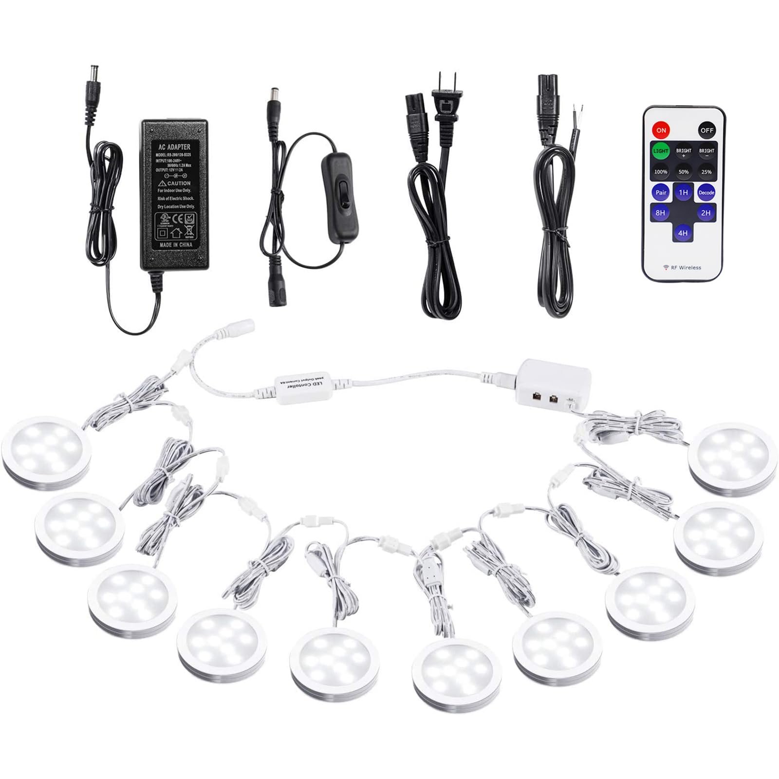 Version 1.0.0 VortexEdge Linkable Under Cabinet LED Lighting 12V Dimmable Puck Lights with Wireless RF Remote Control, Hardwired & Wall Plug in for Display Lighting(10 Lights, Daylight White)