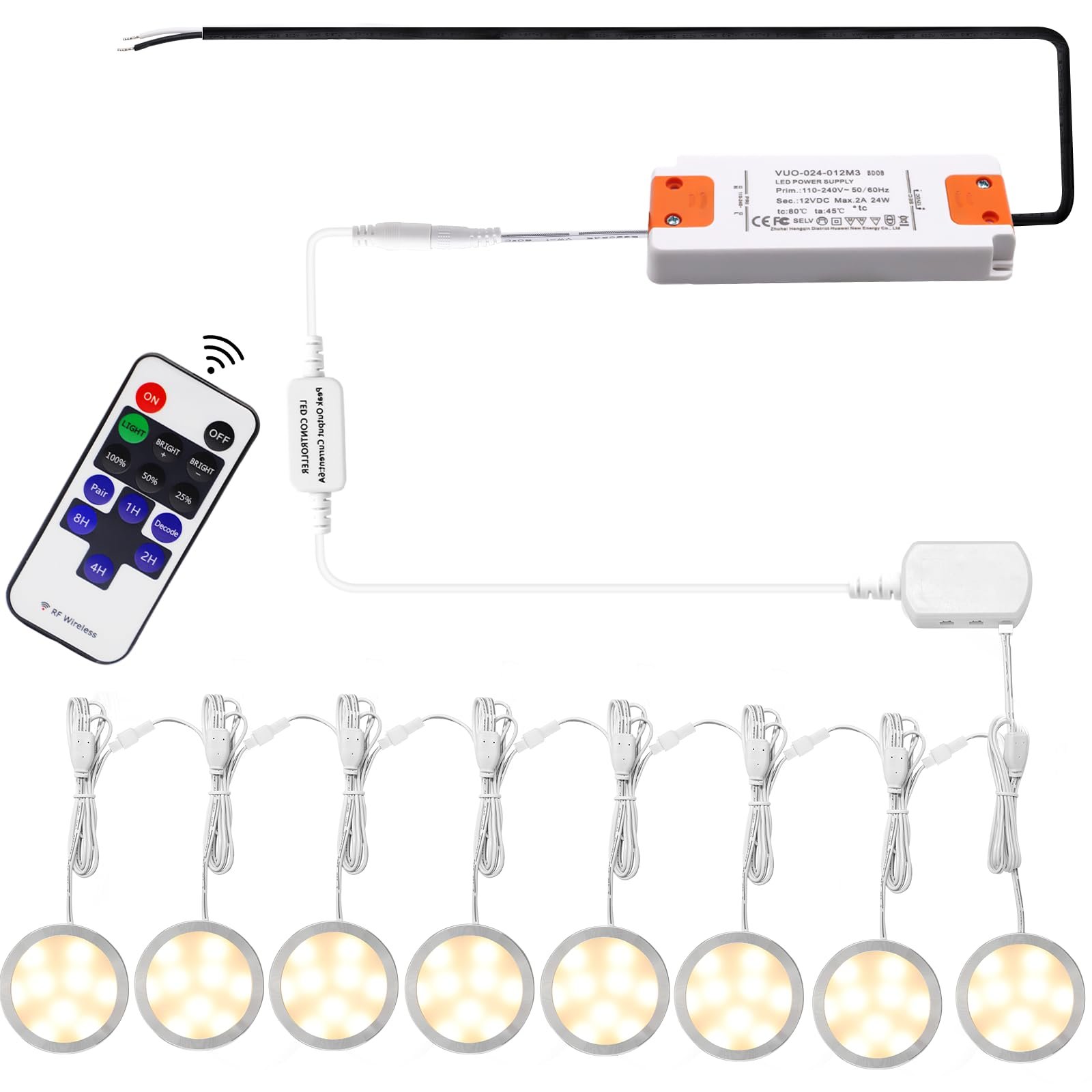 Version 1.0.0 VortexEdge Linkable Under Cabinet LED Lighting 12V Dimmable Puck Lights Hardwired with Wireless RF Remote Control for Kitchen Mood Lighting(8 Lights, Warm White, NO Wall Plug)