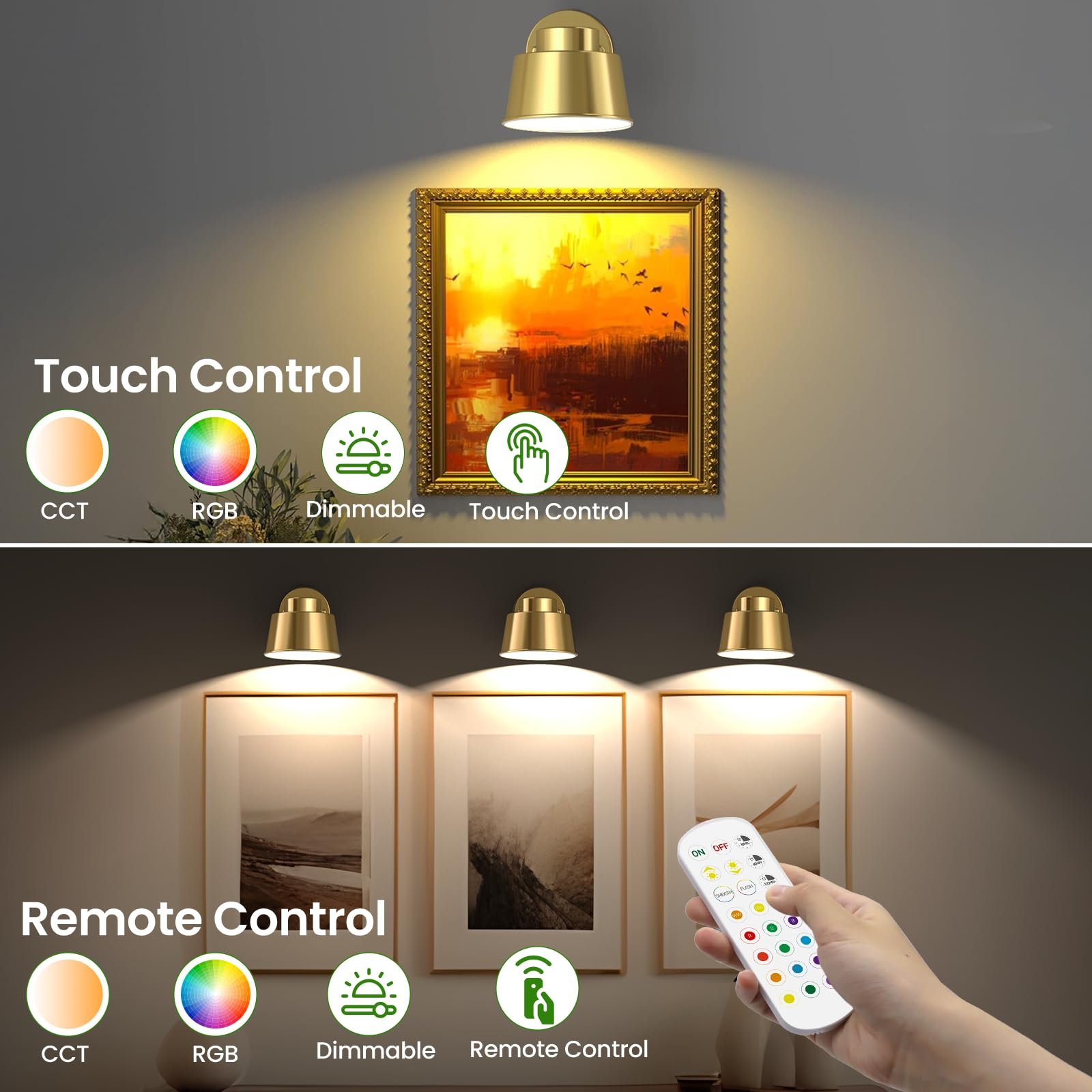 71-JU-IwzzL VortexEdge Art Display Lights, Picture Lights Rechargeable Gold, Color Changing & Dimmable with Remote LED Rotatable Wall Lights for Pictures, Paintings, Portraits, Artworks (2 Pack) - Image 4