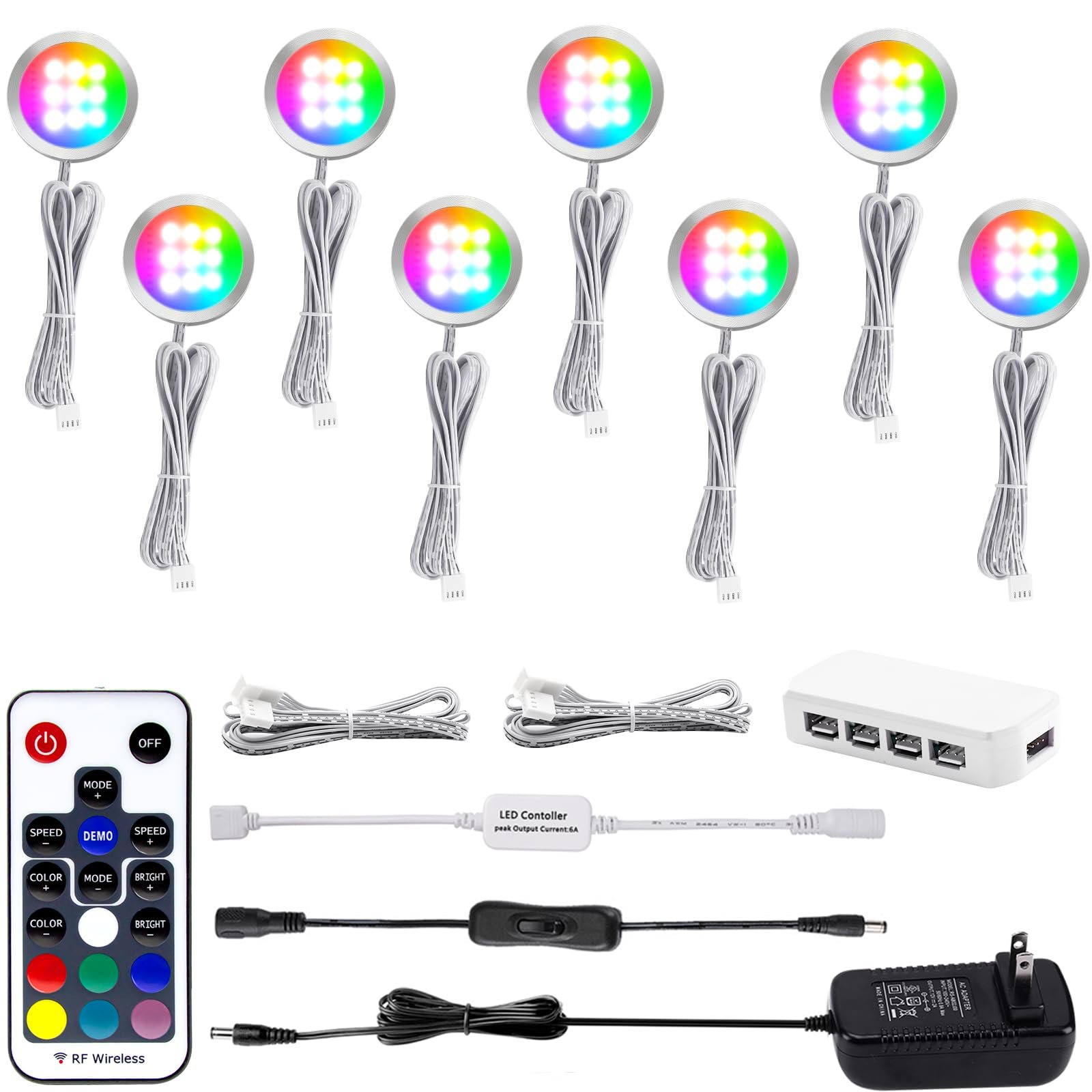 710Vc-JzSIL VortexEdge Puck Lights, Under Cabinet Lighting RGB, Display Case Lights Dimmable with Remote Control, 20 Color Changing Under Counter Lights for Kitchen (8 Pack)