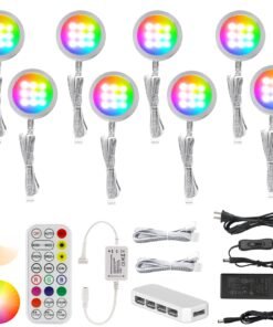 VortexEdge Under Cabinet Lighting Kit, 8 Pack Dimmable RGB and CCT LED Puck Lights with Timer Function, Wireless Remote Control, Linkable Design, Ideal for Kitchen, Living Room, and Display Shelves