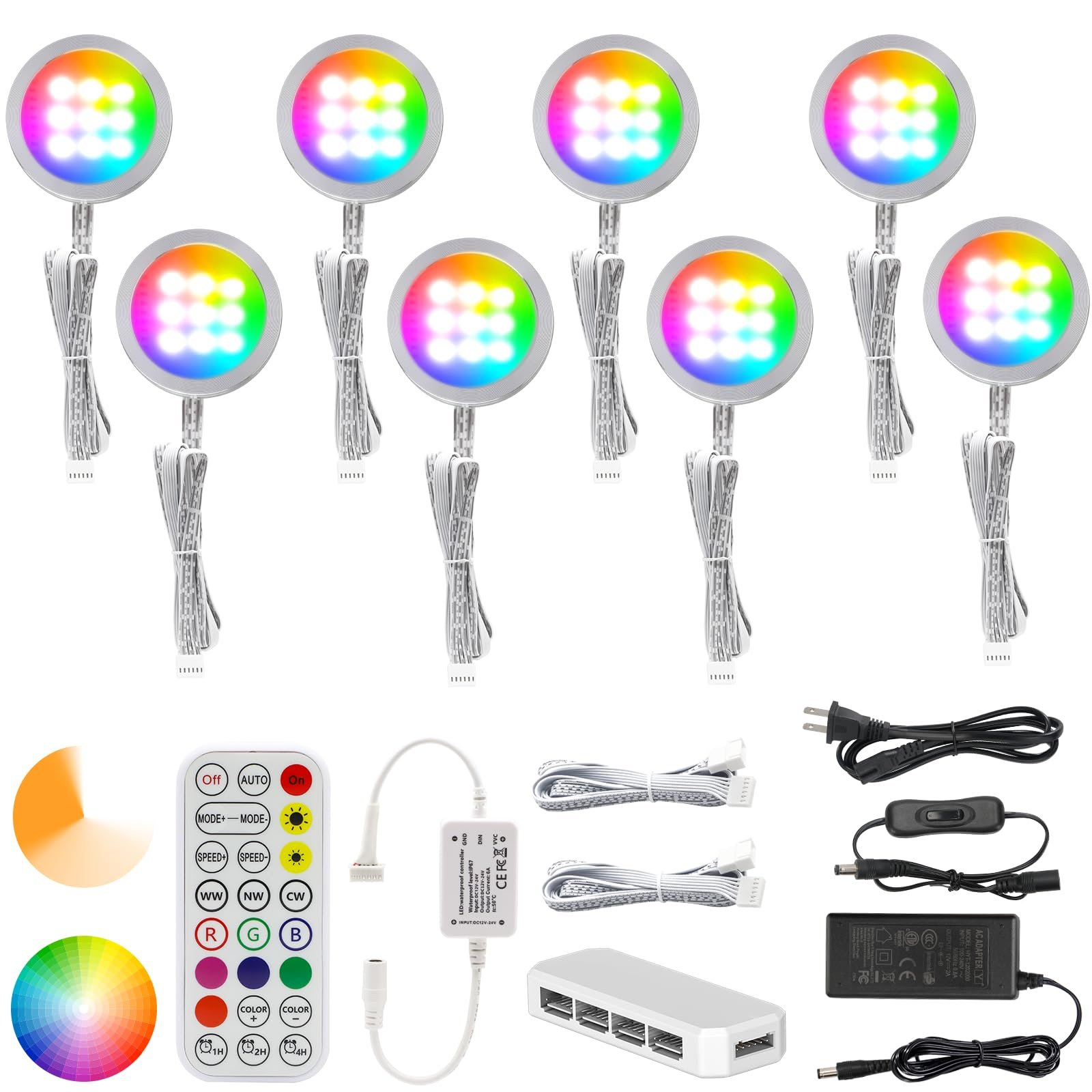 Version 1.0.0 VortexEdge Under Cabinet Lighting Kit, 8 Pack Dimmable RGB and CCT LED Puck Lights with Timer Function, Wireless Remote Control, Linkable Design, Ideal for Kitchen, Living Room, and Display Shelves