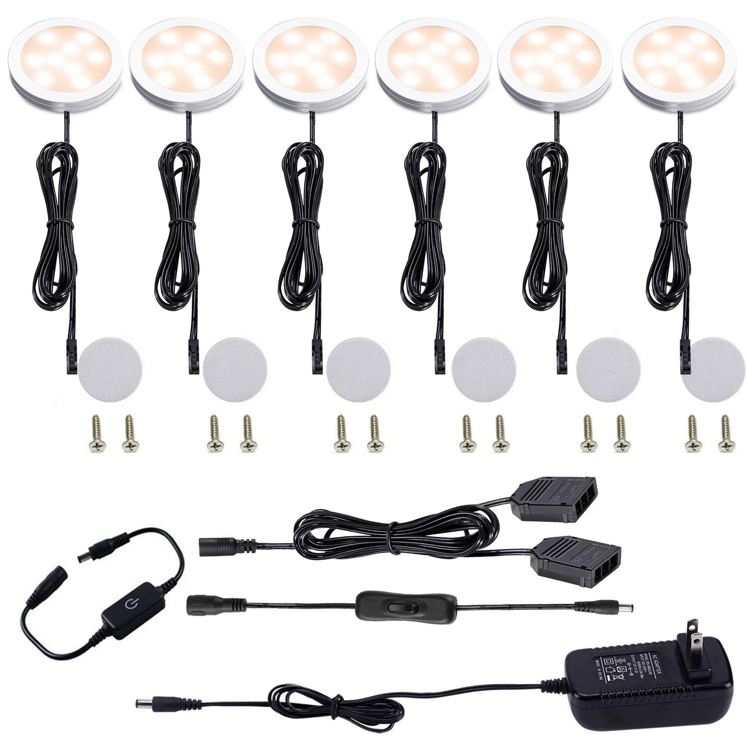 715iLEOGDwL VortexEdge Under Cabinet LED Puck Lights Kit with Touching Switch Dimmable for Kitchen Cupboard Closet Lighting (6 Lights,Warm White)