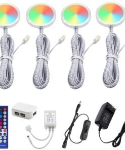 VortexEdge RGBWW RGB + Warm White Color Changing Christmas Xmas Under Cabinet LED Lights Kit IR Remote Puck Lights for Kitchen Counter Shelf Furniture Ambiance Lighting (RGBWW, 4 Lights, 12W)
