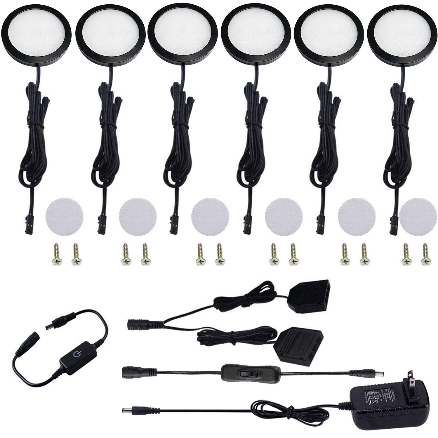Version 1.0.0 VortexEdge Under Cabinet LED Black Cover Puck Lighting Kit with Touch Dimmer Switch for Kitchen Cupboard Closet Lighting (6 Lights,Daylight White)