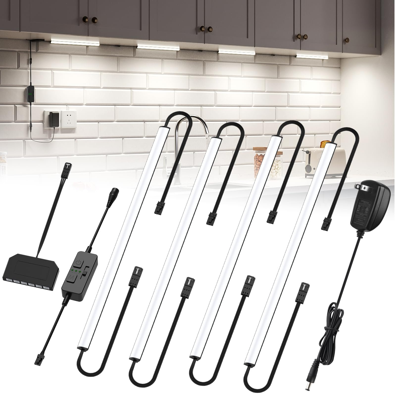 71QD1oGCxuL VortexEdge Under Cabinet Lighting, Timer & CCT 2700-6000K with Slider Dimmer, Plug-in 12Inch 12W Lights for Curio Cabinet, Kitchen, Bookshelf (4 Bars Kit)