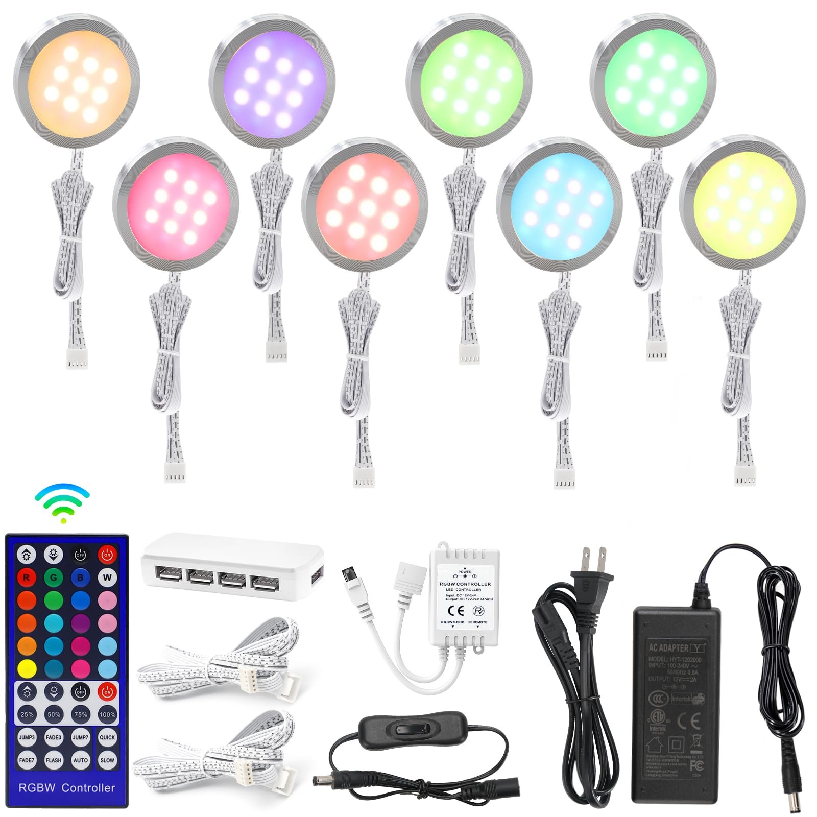 Version 1.0.0 VortexEdge LED Puck Lights Wired Color Changing, Multicolor Under Cabinet Lighting with Remote, Dimmable RGBWW Display Case Lights 8 Pack for Cabinets, Counters, Shelves, Showcases (RGBWW)