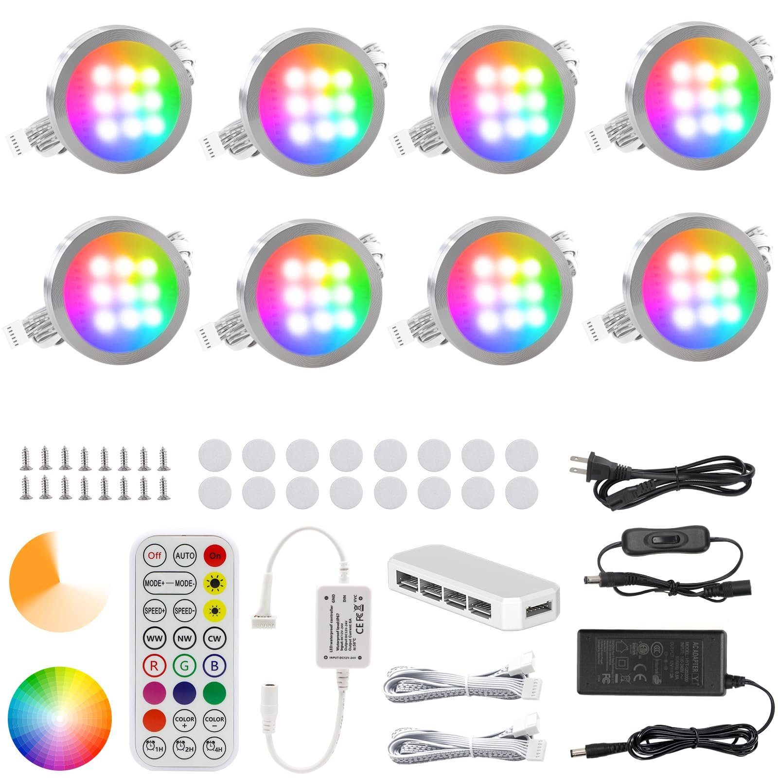 71bx0jDrCdL VortexEdge Under Cabinet Lighting Kit, 8 Pack Dimmable RGB and CCT LED Puck Lights with Timer Function, Wireless Remote Control, Linkable Design, Ideal for Kitchen, Living Room, and Display Shelves - Image 2