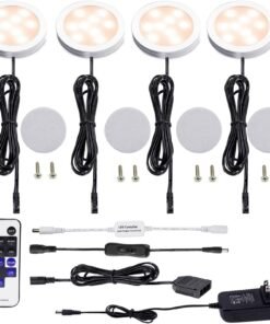 VortexEdge LED Under Cabinet Lighting Kit 4 Packs 12V Low Profile Puck Lights with Dimmable Wireless RF Remote for Kitchen, Counter, Gun Safe Lighting(Warm White)