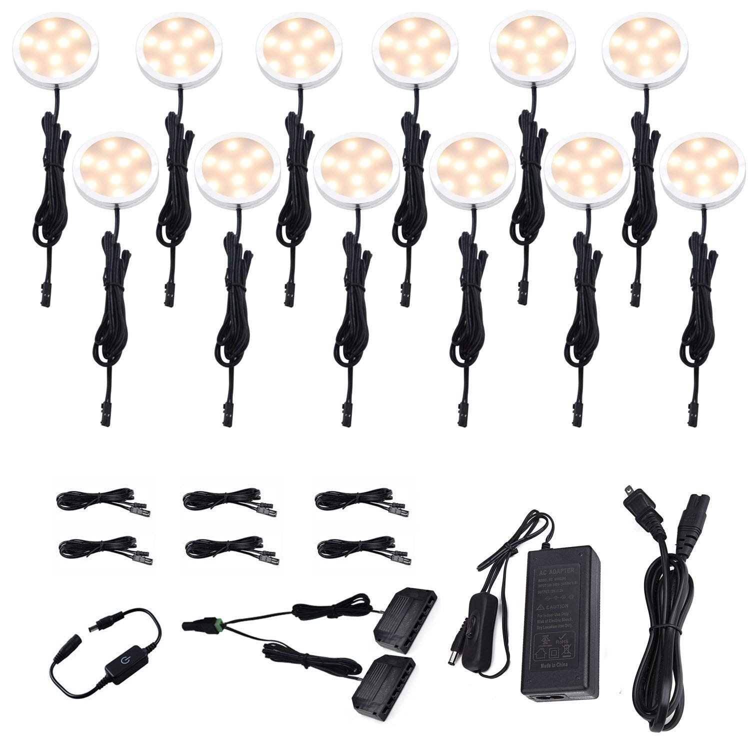 71oDG2b68dnL VortexEdge LED Under Cabinet Lighting, 12V Under Counter Lights, Touch Dimming Puck Lights, Hardwired or Plug in with UL Listed Adapter, Updated Home Light, Accent Lights 24W (12 Lights Warm White)