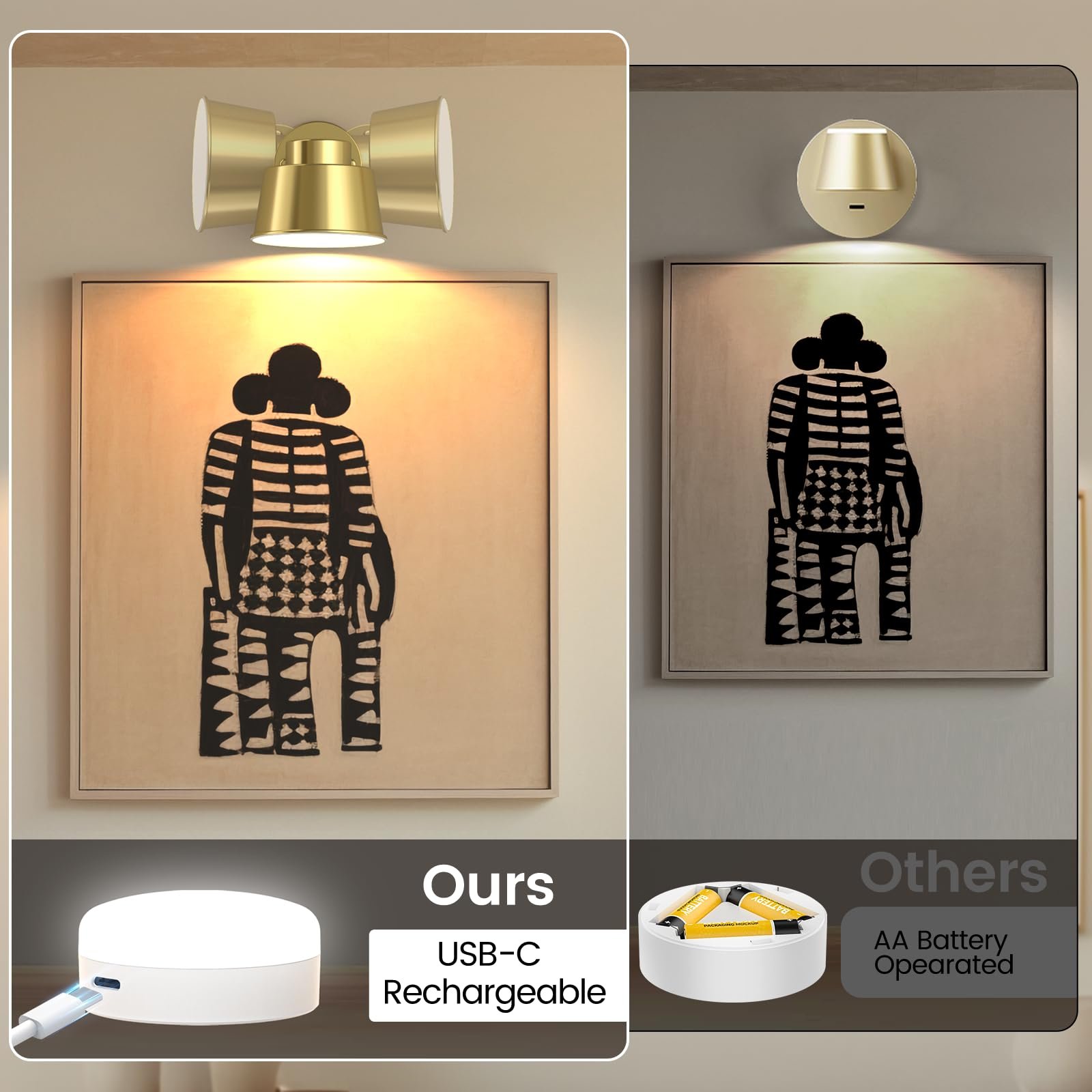 71rmyLjwcUL VortexEdge Art Display Lights, Picture Lights Rechargeable Gold, Color Changing & Dimmable with Remote LED Rotatable Wall Lights for Pictures, Paintings, Portraits, Artworks (2 Pack) - Image 5