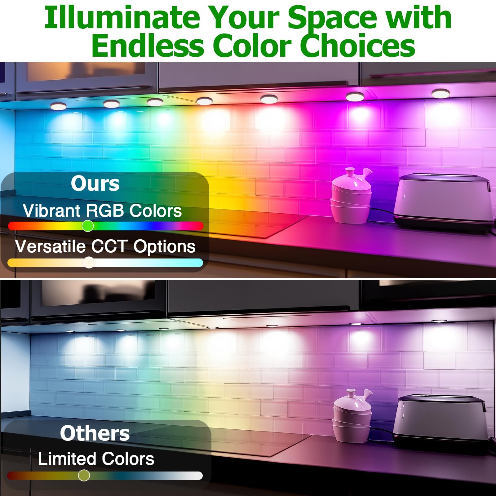 71sG3UU5wwL VortexEdge Under Cabinet Lighting Kit, 8 Pack Dimmable RGB and CCT LED Puck Lights with Timer Function, Wireless Remote Control, Linkable Design, Ideal for Kitchen, Living Room, and Display Shelves - Image 5