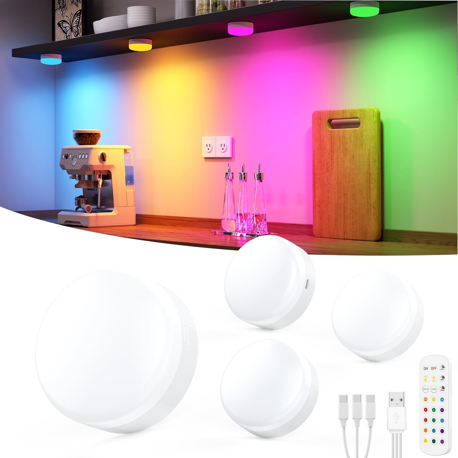 71wcIA8lPAL VortexEdge Puck Lights with Remote Control, 4-Pack Wireless Stick On Lights for Under Cabinet, Closet, Bedroom, Staircase & Bookshelf, 3000mAh Battery Operated Color Changing Lighting (RGB&CCT)
