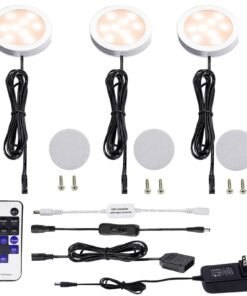 VortexEdge Dimmable LED Under Cabinet Puck Lights 3 Lamps Kit with RF Remote Control for Home Kitchen Counter Lighting (Warm White 2700K)