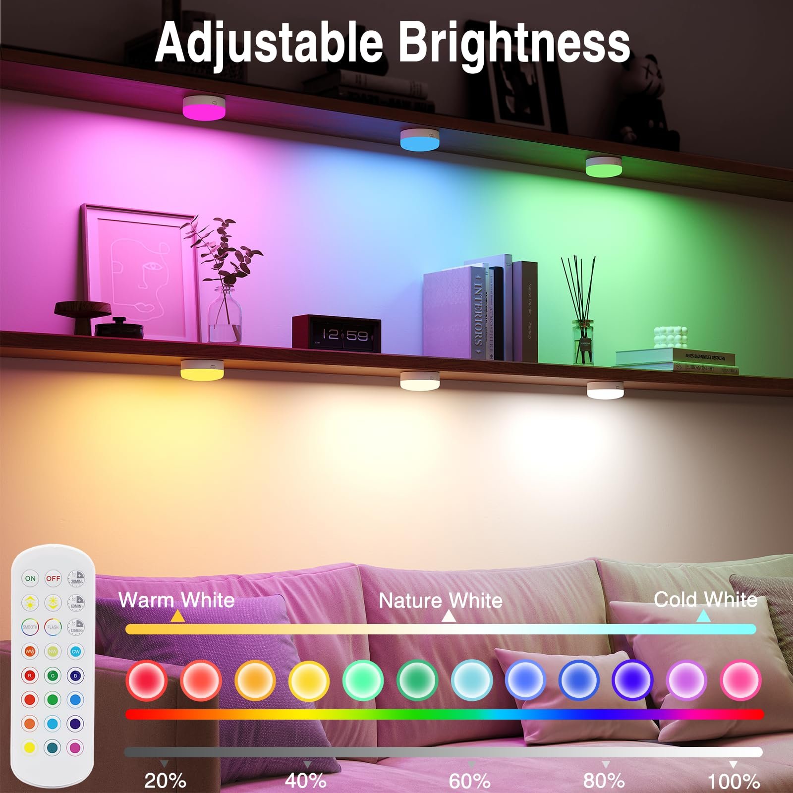 71zXffUQFwL VortexEdge Puck Lights with Remote Control, 4-Pack Wireless Stick On Lights for Under Cabinet, Closet, Bedroom, Staircase & Bookshelf, 3000mAh Battery Operated Color Changing Lighting (RGB&CCT) - Image 6