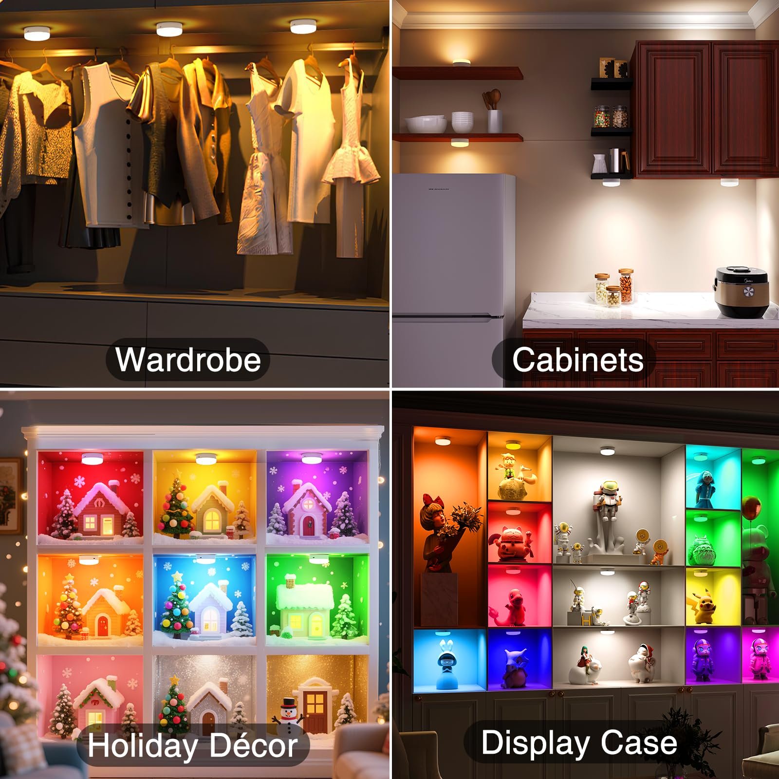 81Tvdi7QRuL VortexEdge Puck Lights with Remote Control, 4-Pack Wireless Stick On Lights for Under Cabinet, Closet, Bedroom, Staircase & Bookshelf, 3000mAh Battery Operated Color Changing Lighting (RGB&CCT) - Image 7