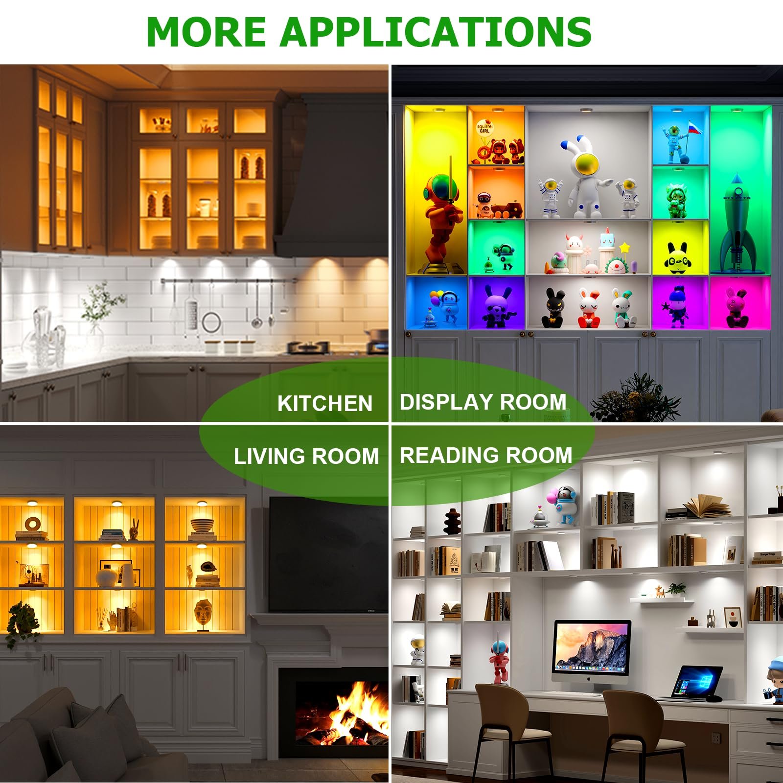 81i7pDuWBOL VortexEdge Under Cabinet Lighting Kit, 8 Pack Dimmable RGB and CCT LED Puck Lights with Timer Function, Wireless Remote Control, Linkable Design, Ideal for Kitchen, Living Room, and Display Shelves - Image 8